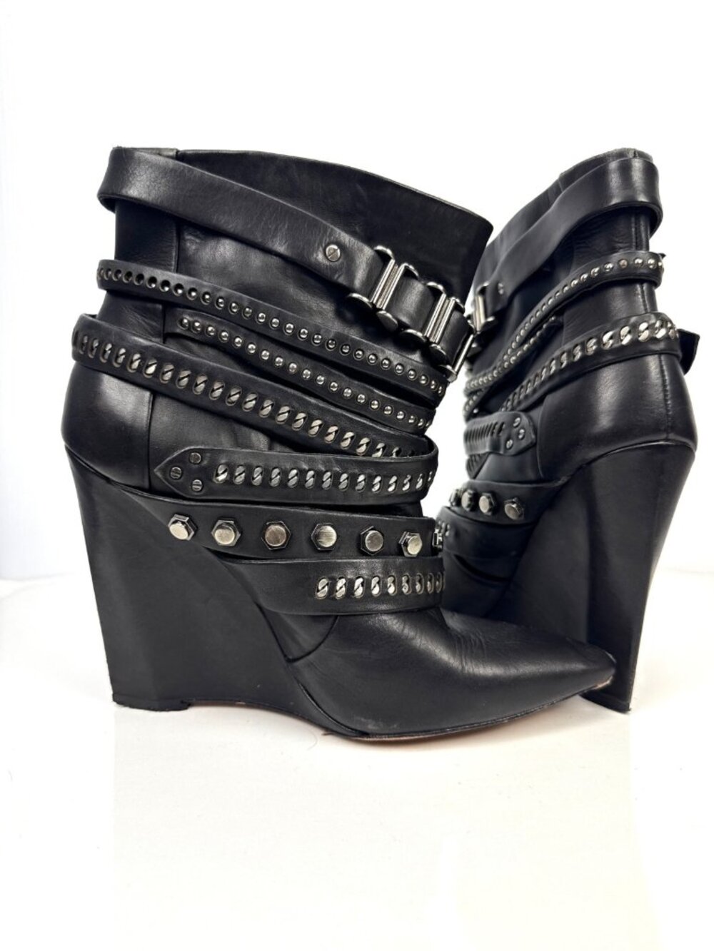 L.A.M.B. by Gwen Stefani Leather Thaker Studded Moto Wedge Ankle Boots Black 7.5 - Picture 7 of 13